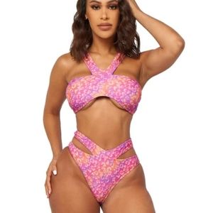 Sexy 2 Piece Medium Pink Print Bikini Swimsuit